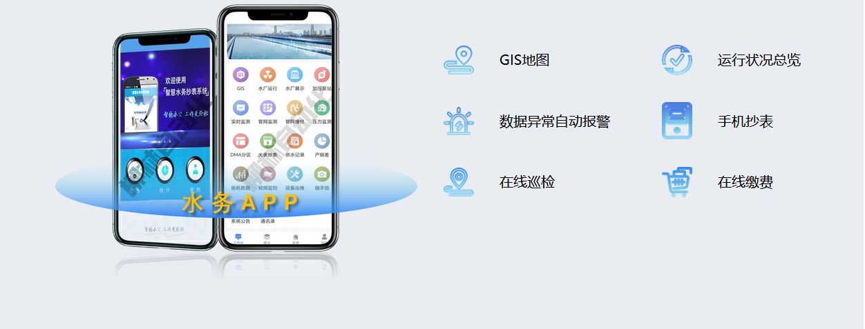 水務(wù)APP:GIS地圖、運行狀況總覽、數(shù)據(jù)異常自動報警、手機抄表、在線巡檢、在線繳費