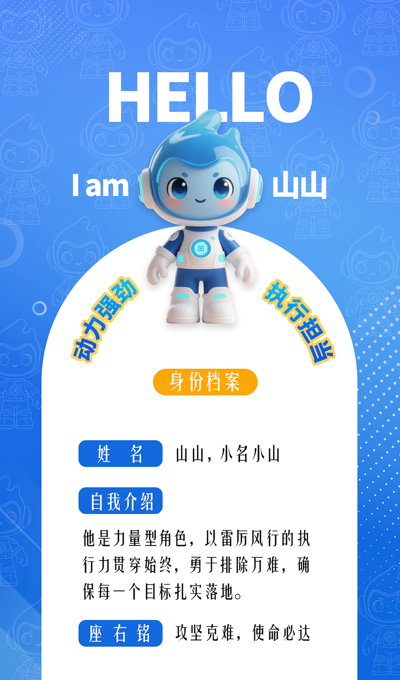 山山——動力強勁 · 執行擔當	 他是力量型角色，以雷厲風行的執行力貫穿始終，勇于排除萬難，確保每一個目標扎實落地。 座右銘：攻堅克難，使命必達